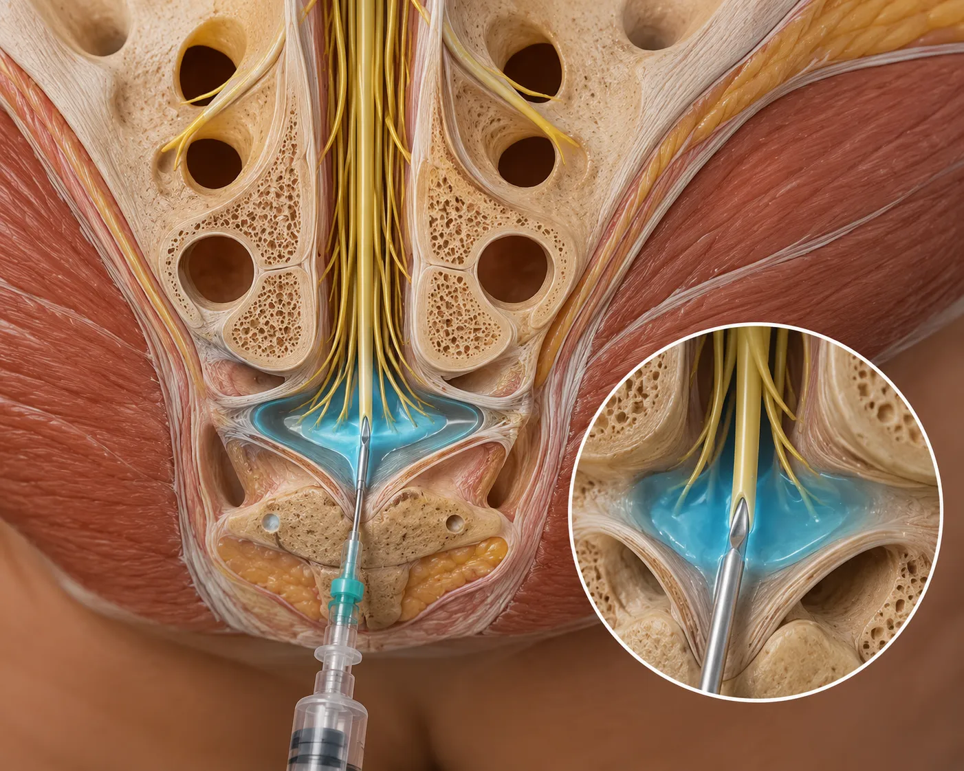 Caudal epidural injection targeting the lower spinal epidural space