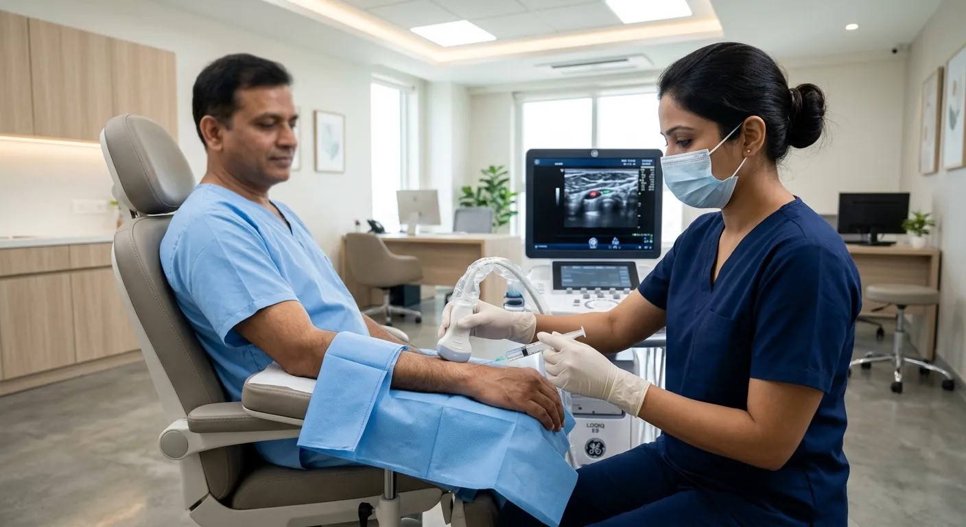 Doctor performing ultrasound-guided ulnar nerve hydrodissection at the elbow