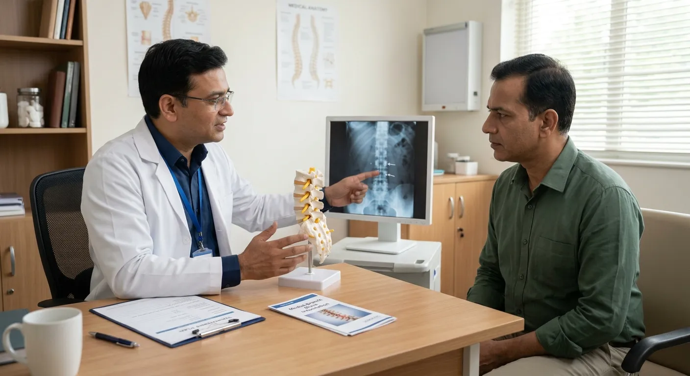 Patient consulting a pain specialist before a medial branch block procedure