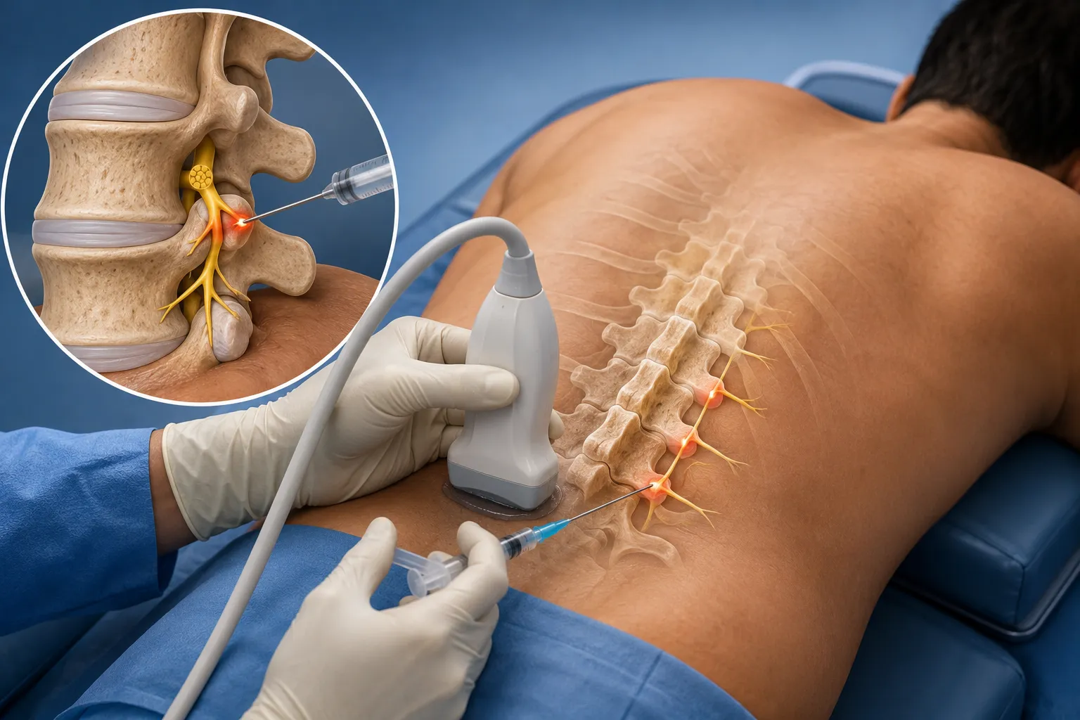 Fluoroscopy guided medial branch block procedure for spinal facet joint pain