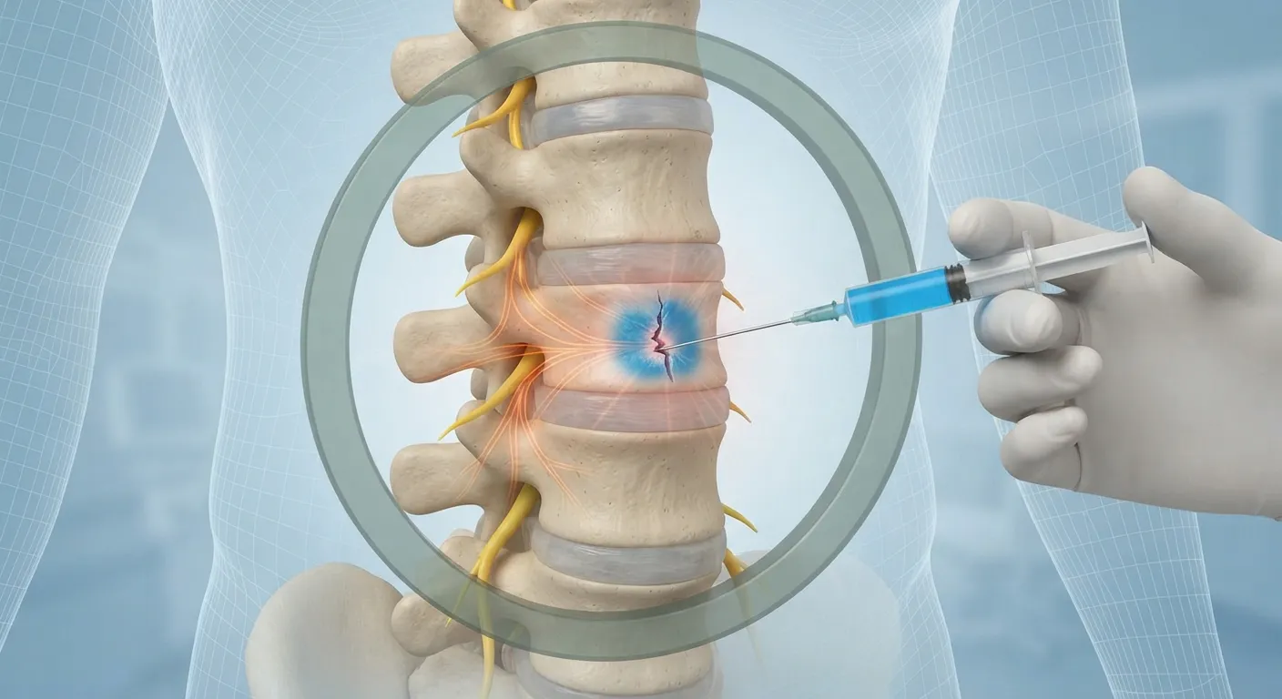 Diagnostic discography evaluating a suspected painful spinal disc under fluoroscopy