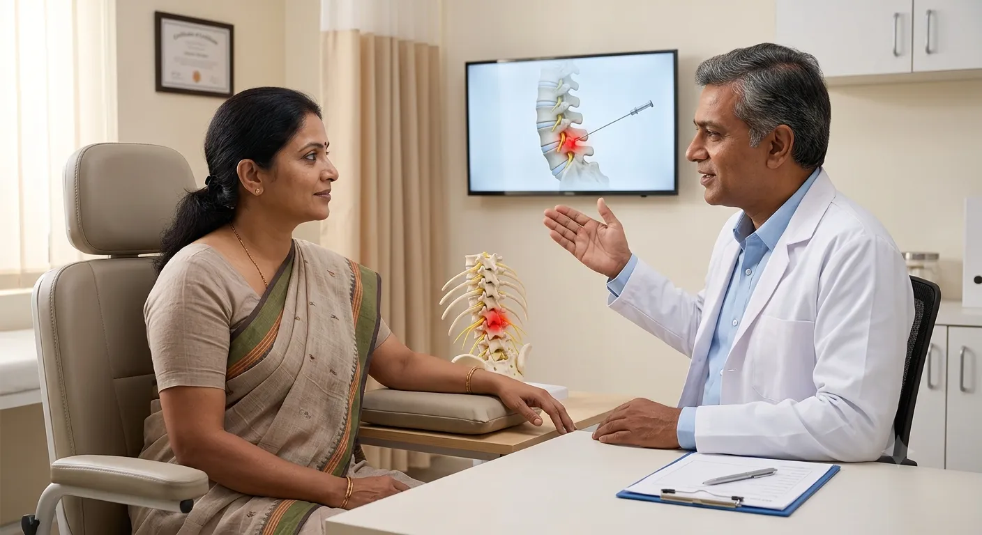 Patient consulting a pain specialist before selective nerve root block treatment