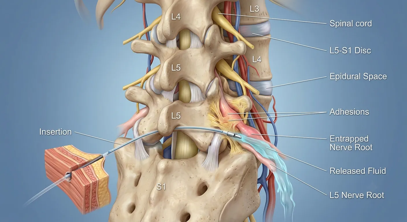Transforaminal epidural adhesiolysis targeting an irritated spinal nerve root
