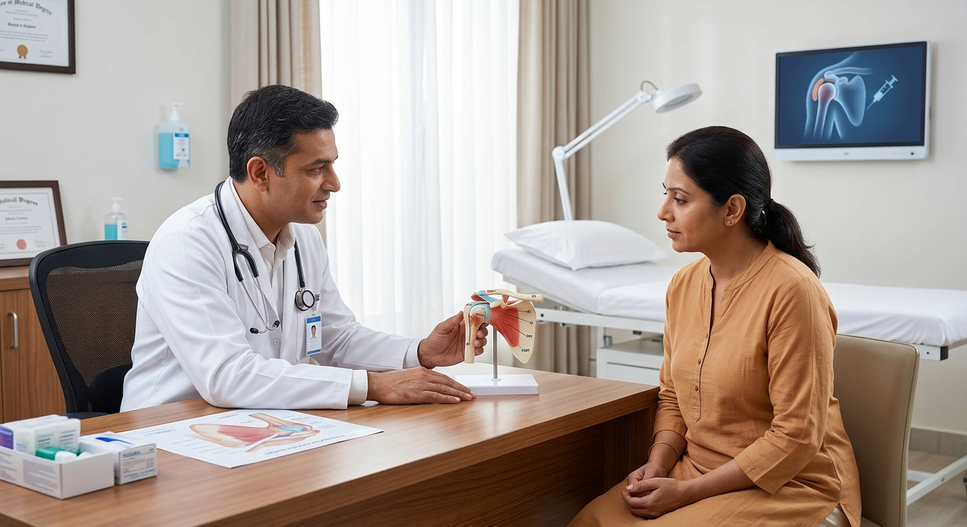 Patient consulting a pain specialist before bursa injection treatment
