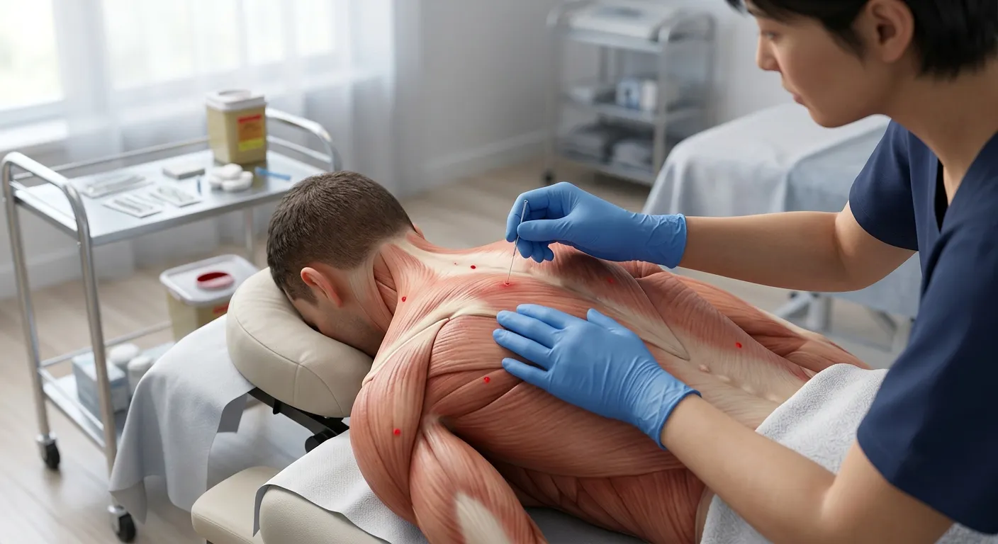 Doctor performing dry needling for myofascial muscle pain