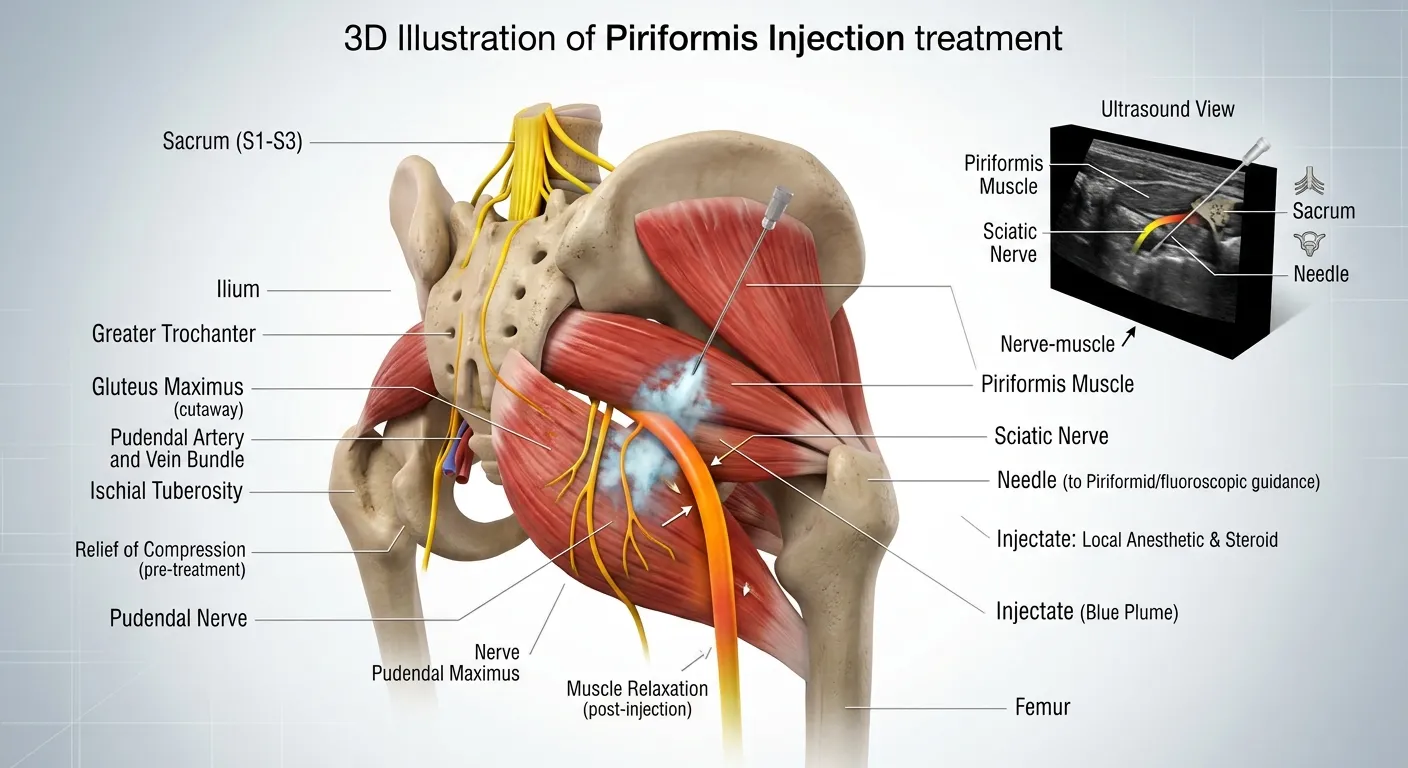 Doctor performing an ultrasound-guided piriformis injection for buttock pain