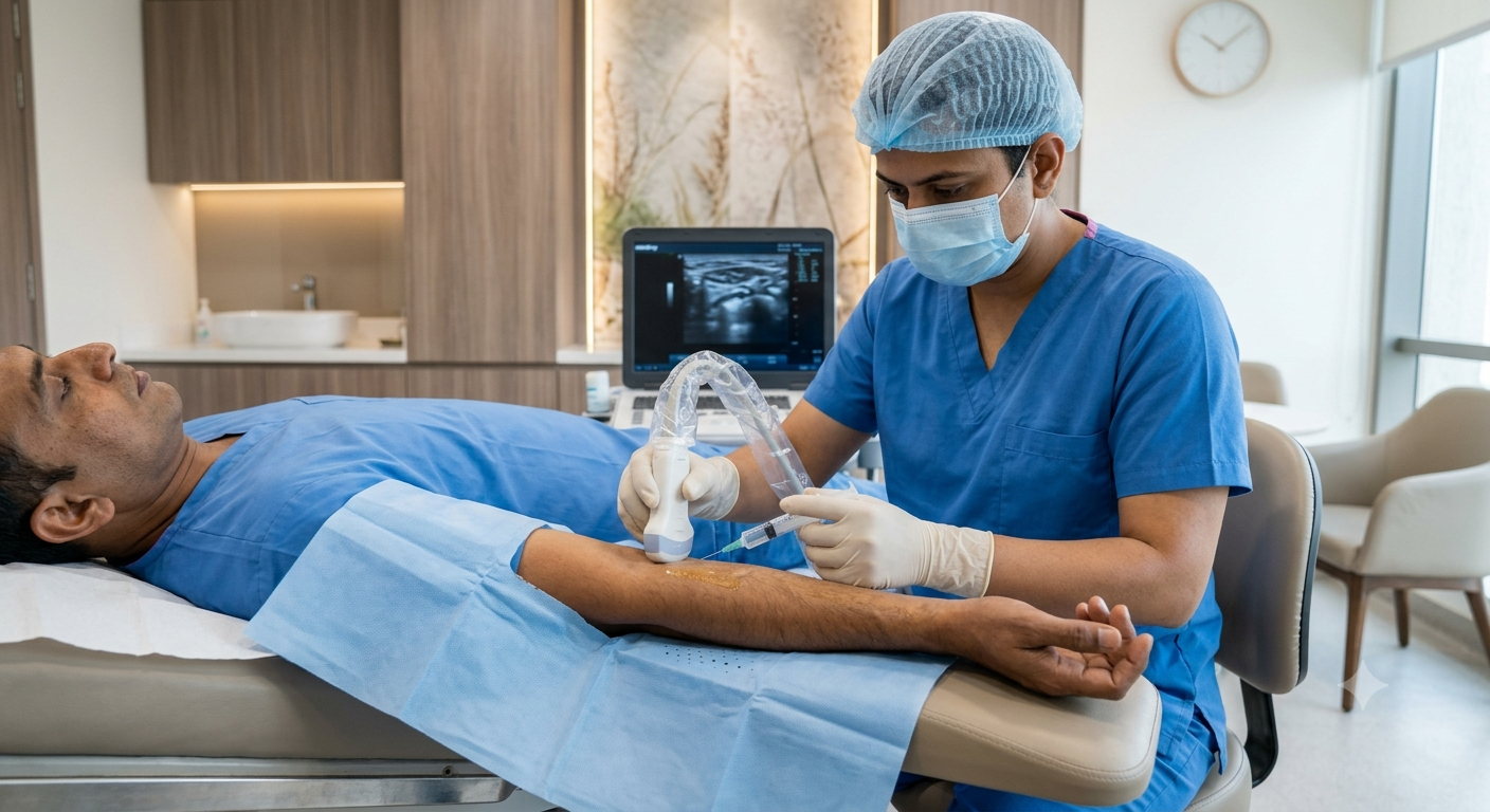 Doctor performing ultrasound-guided radial nerve hydrodissection