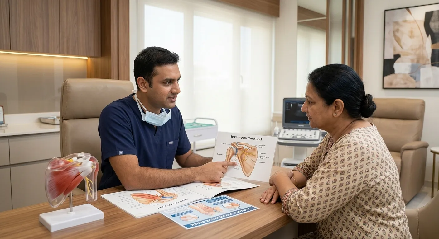 Patient consulting a doctor before suprascapular nerve block treatment