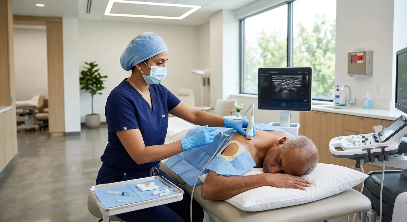 Doctor performing an ultrasound-guided suprascapular nerve block for shoulder pain
