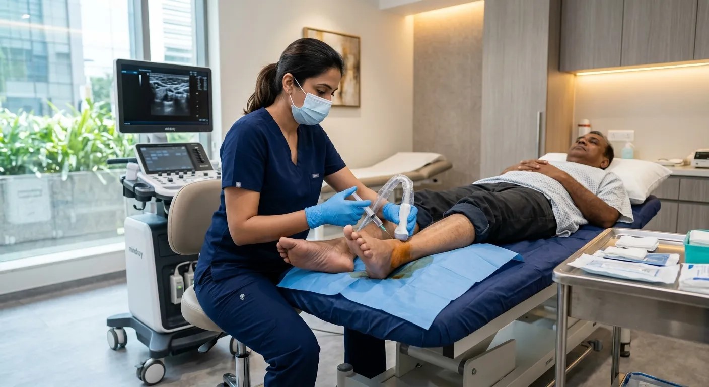 Doctor performing ultrasound-guided tibial nerve hydrodissection