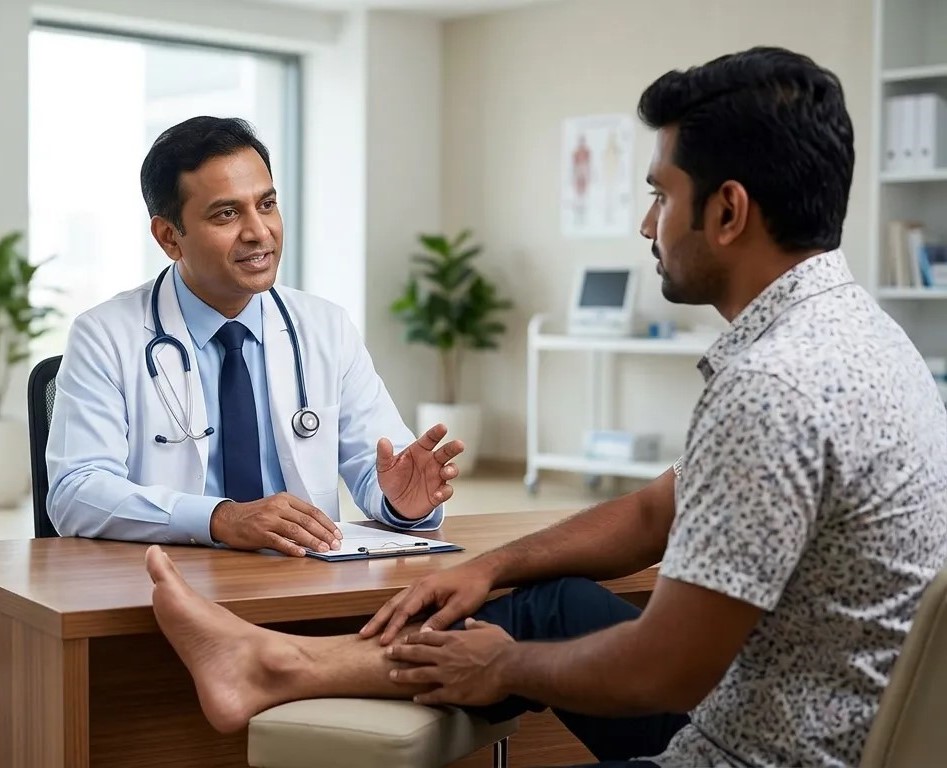 Patient consulting a pain specialist before tibial nerve hydrodissection